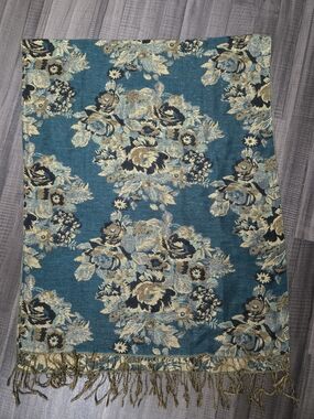 Teal Floral Metallic Fringe Wrap Scarf